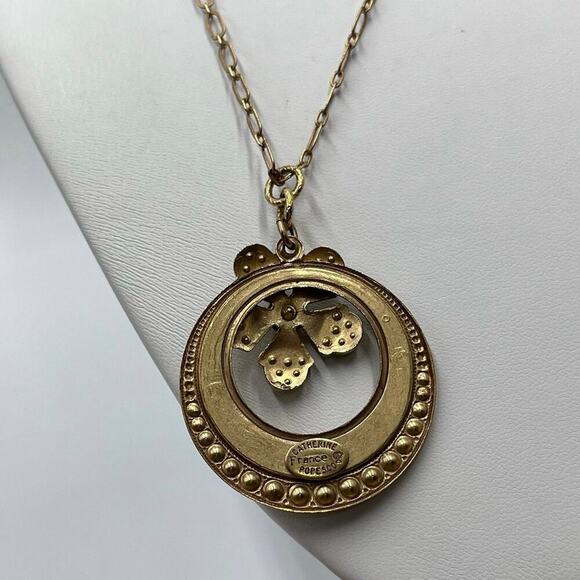 Catherine Popesco Cream Enamel Gray Swarovski Cryst Pendant Gold Plate Necklace - Picture 11 of 12